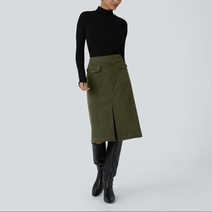 🆕 Halara Mid Rise Front Side Flap, Pocket MIDI Corduroy Casual Skirt, Size XL